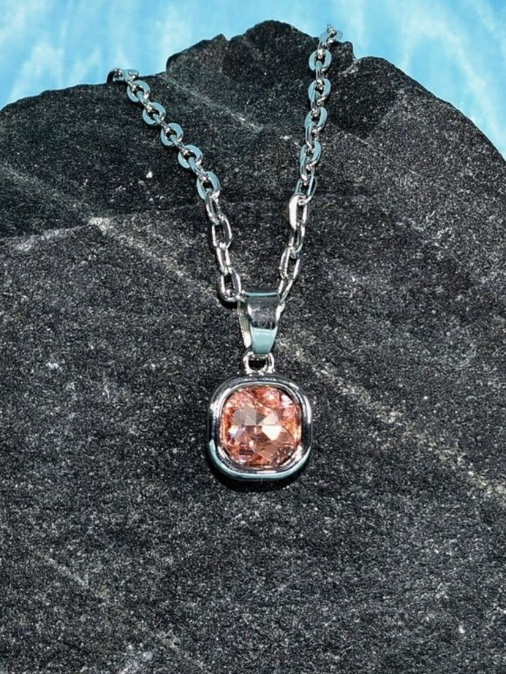 Jemma Tourmaline Pink Color Square Crystal Pendant Necklace Gift Packaged